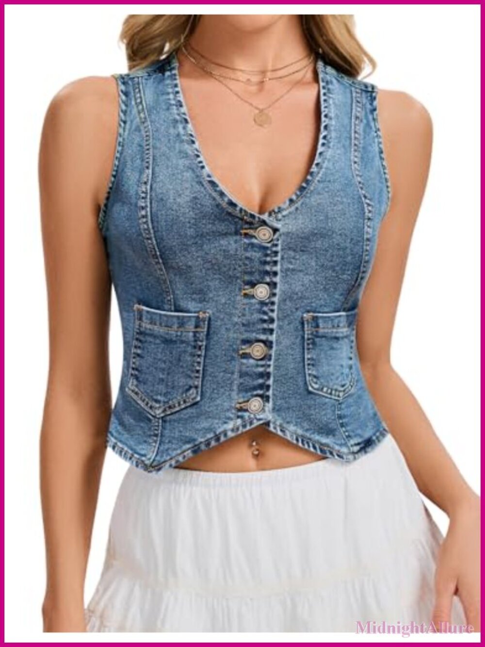 Cropped Denim Vest Sleeveless V-Neck Button Down Split Hem Jean Top for Women